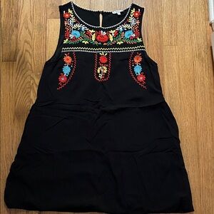 JODIFL Black Sleeveless Mini Dress with Multicolor Floral Embroidery